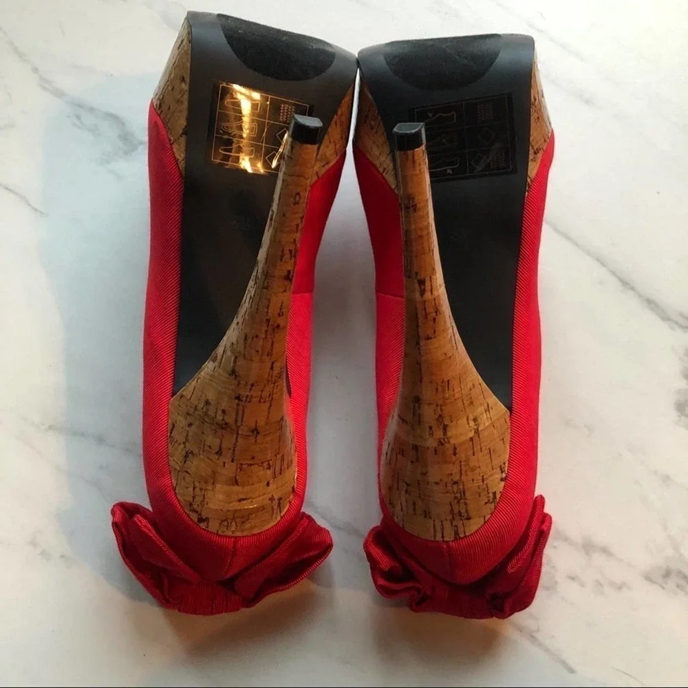 Bebe Stiletto High Heels Kahilia Ruby Red Size 8 Platform Cork Bow Formal